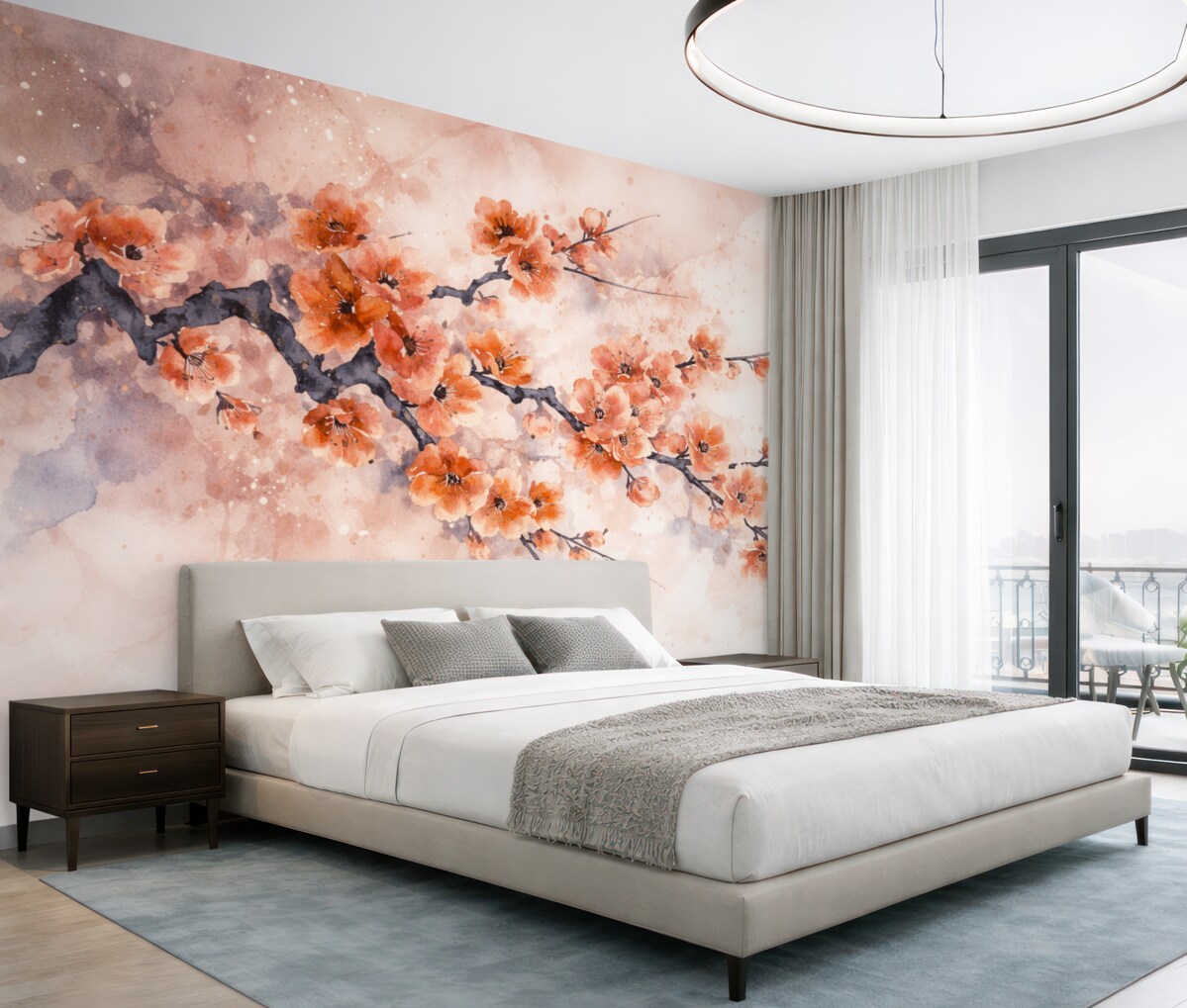 Fototapeta Gałąź rozkwitających czerwonych kwiatów wiśni na delikatnym, zamglonym tle z akcentami błękitu i szarości.