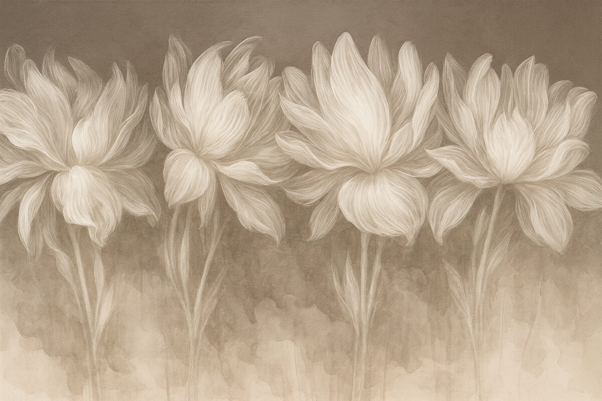 Fototapeta Delikatny minimalizm, białe, przezroczyste kontury kwiatów na brązowej teksturowanej powierzchni.