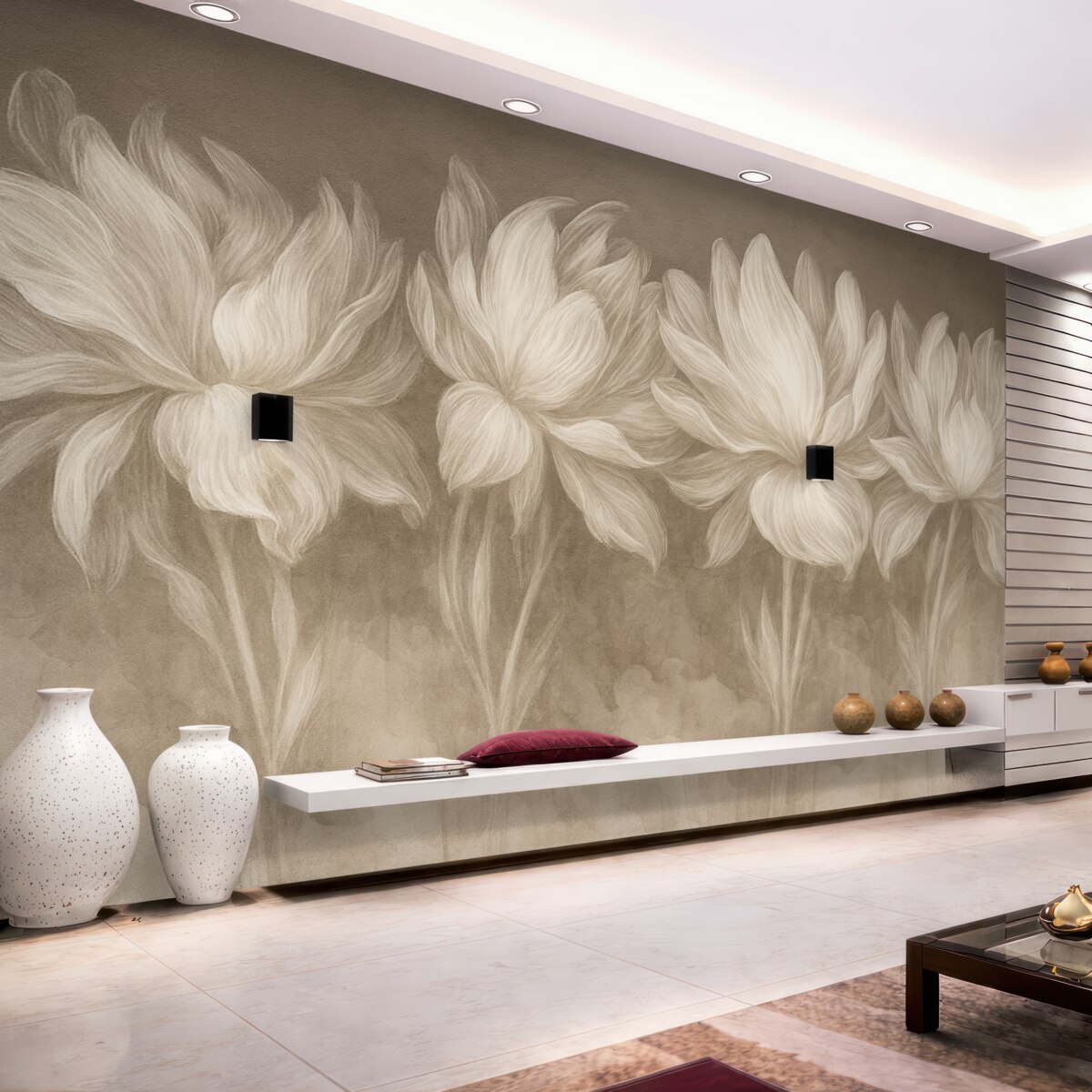 Fototapeta Delikatny minimalizm, białe, przezroczyste kontury kwiatów na brązowej teksturowanej powierzchni.