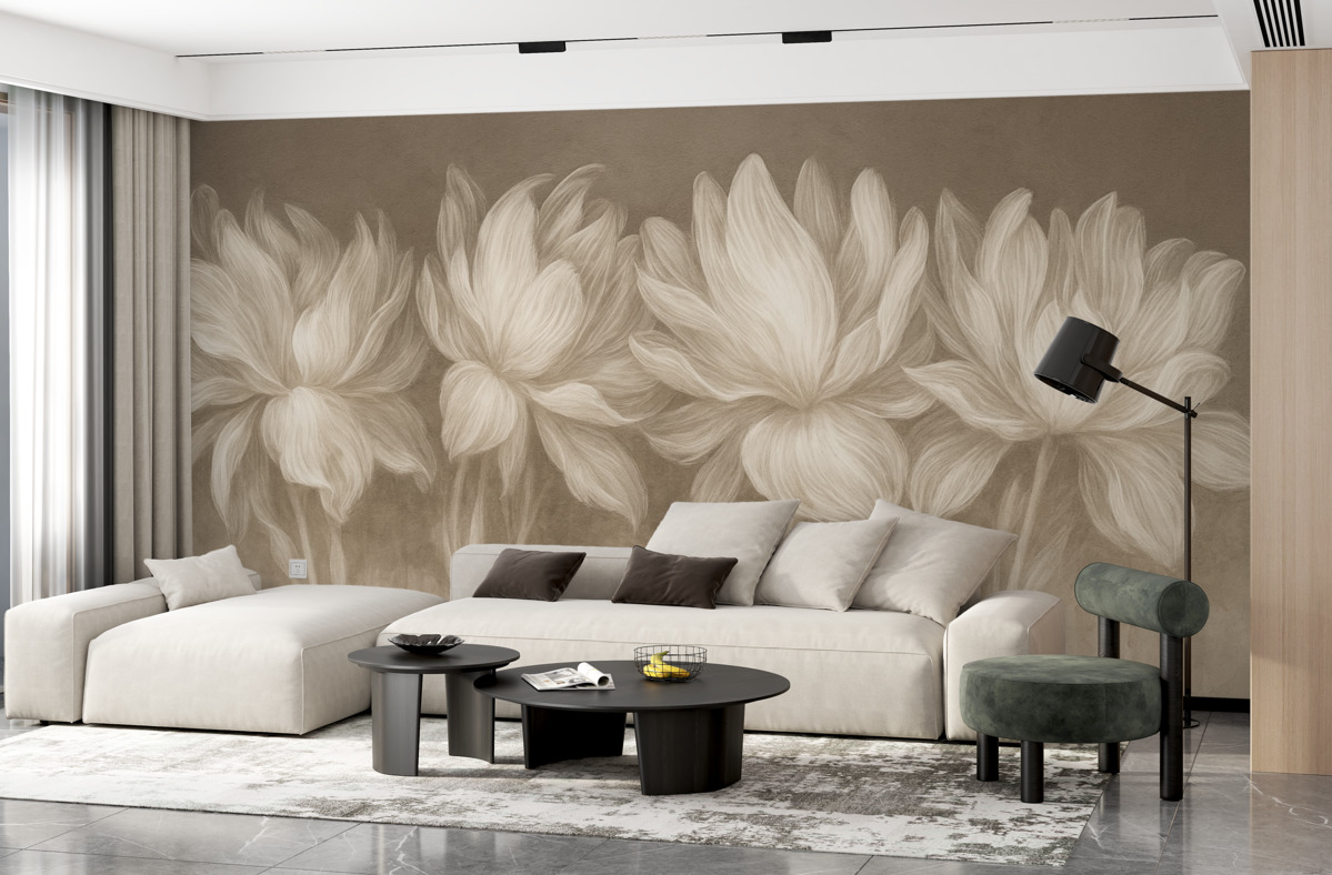 Fototapeta Delikatny minimalizm, białe, przezroczyste kontury kwiatów na brązowej teksturowanej powierzchni.