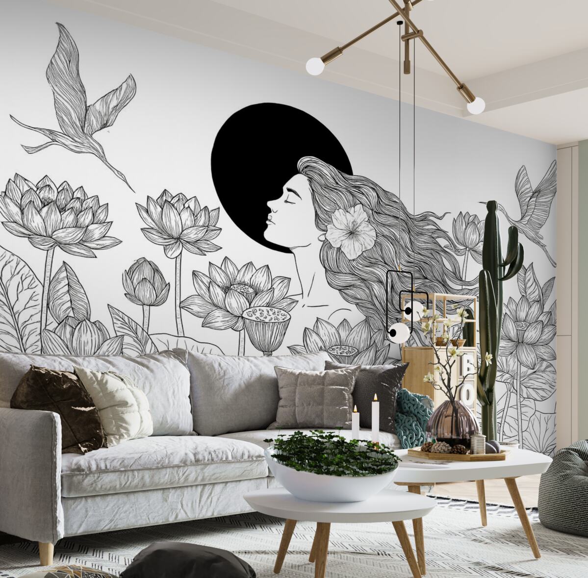 Fototapeta Kobieta w otoczeniu przyrody, szkic konturów, kwiaty lotosu, duże liście, fruwające ptaki, kolor czarny.