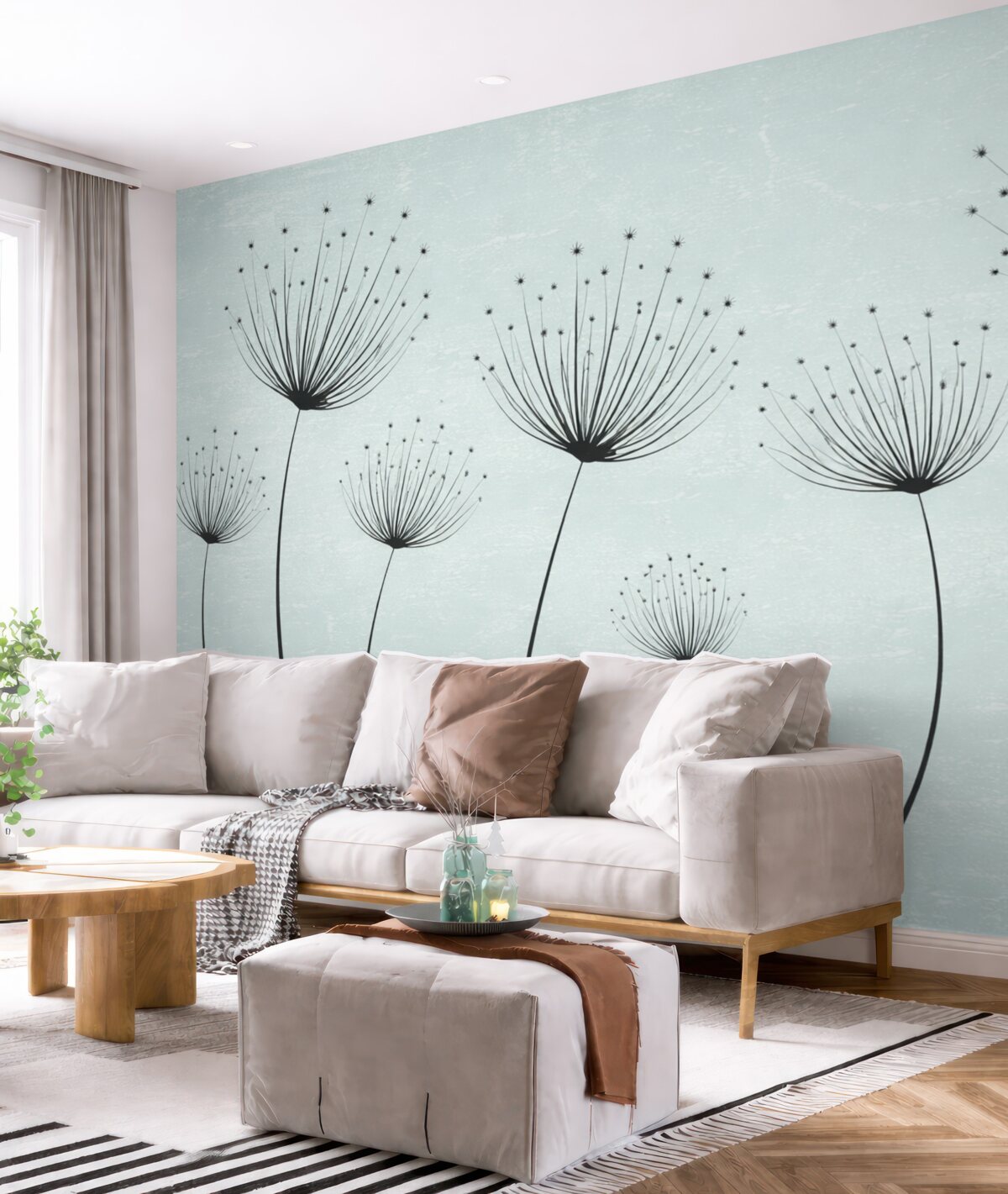 Fototapeta Kwiaty w linii, wczesne mlecze na turkusowej barwie.