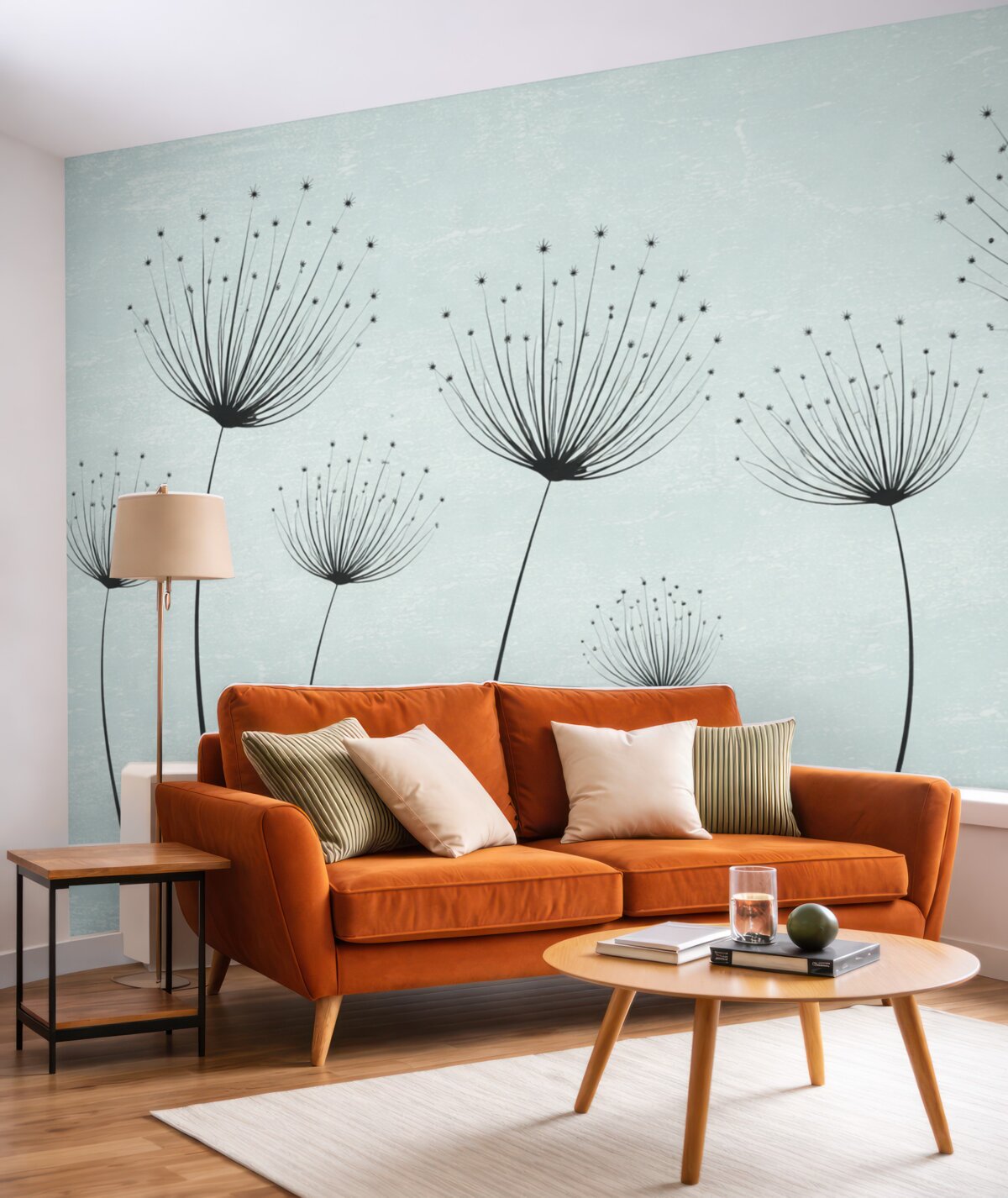 Fototapeta Kwiaty w linii, wczesne mlecze na turkusowej barwie.