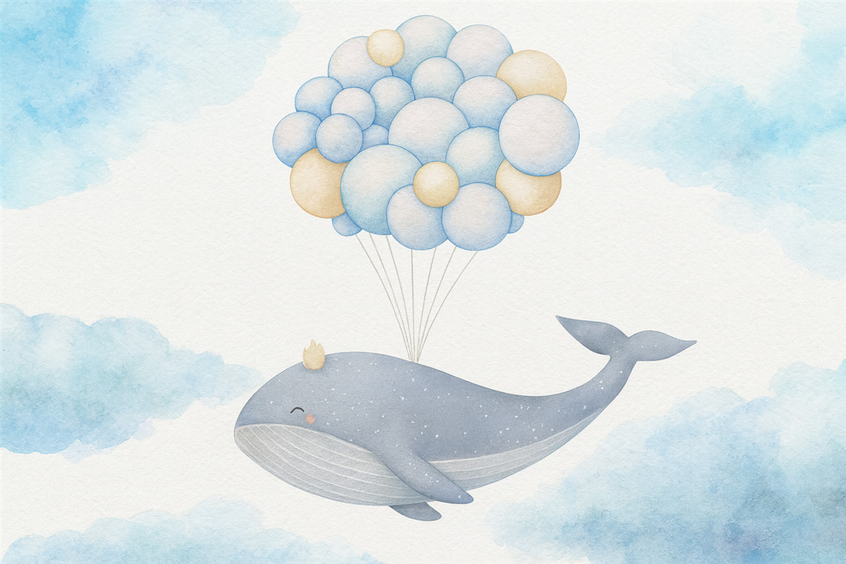 Fototapeta Wieloryb z balonami w odcieniu niebieskim.