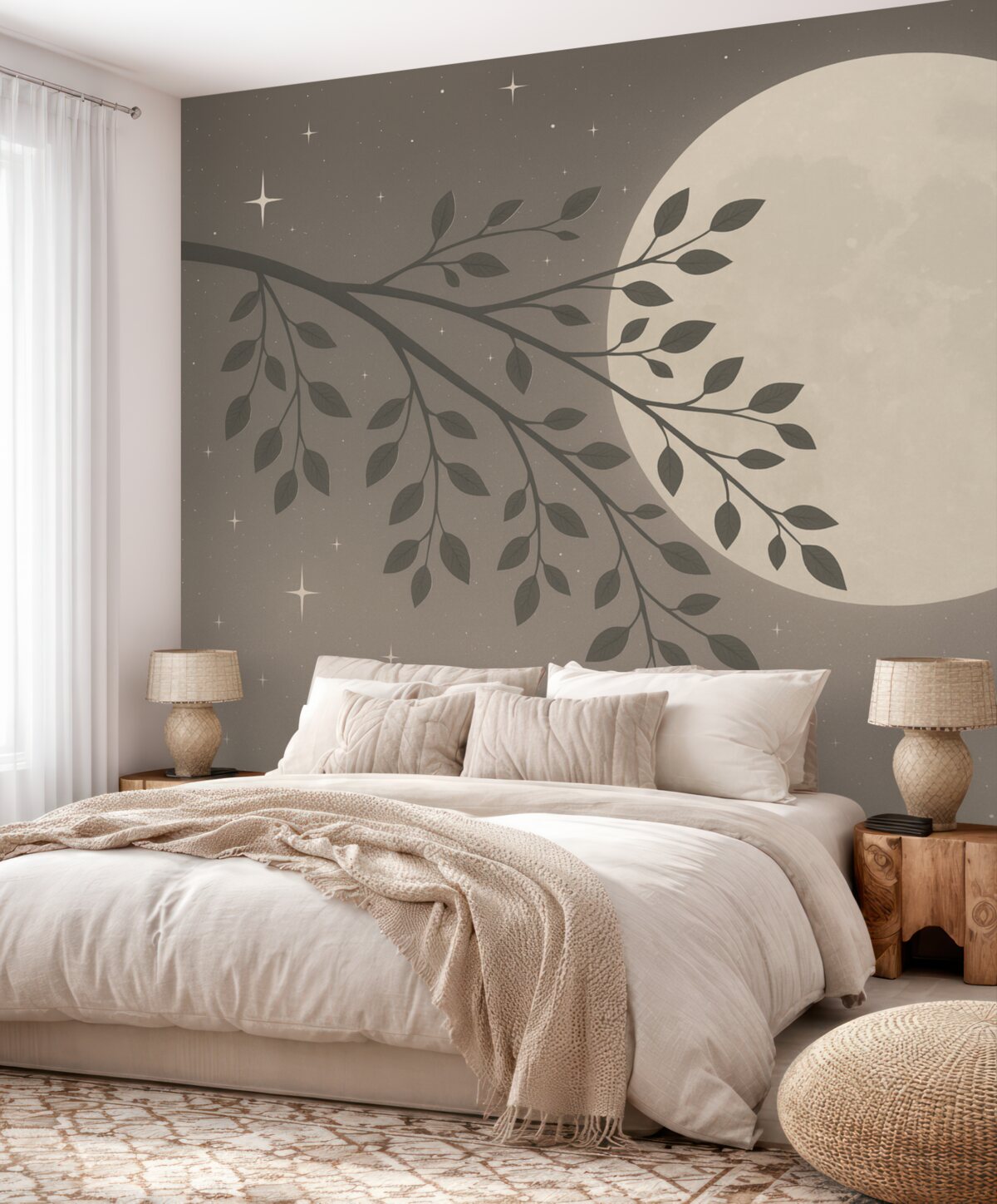 Fototapeta Abstrakcyjny motyw z gałęzią i gwiazdami w odcieniu beżu.