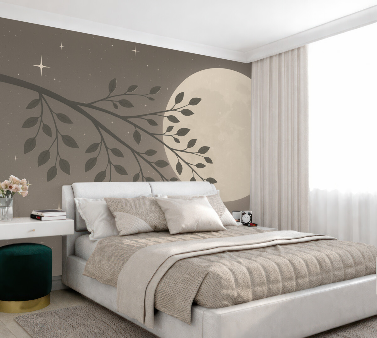 Fototapeta Abstrakcyjny motyw z gałęzią i gwiazdami w odcieniu beżu.