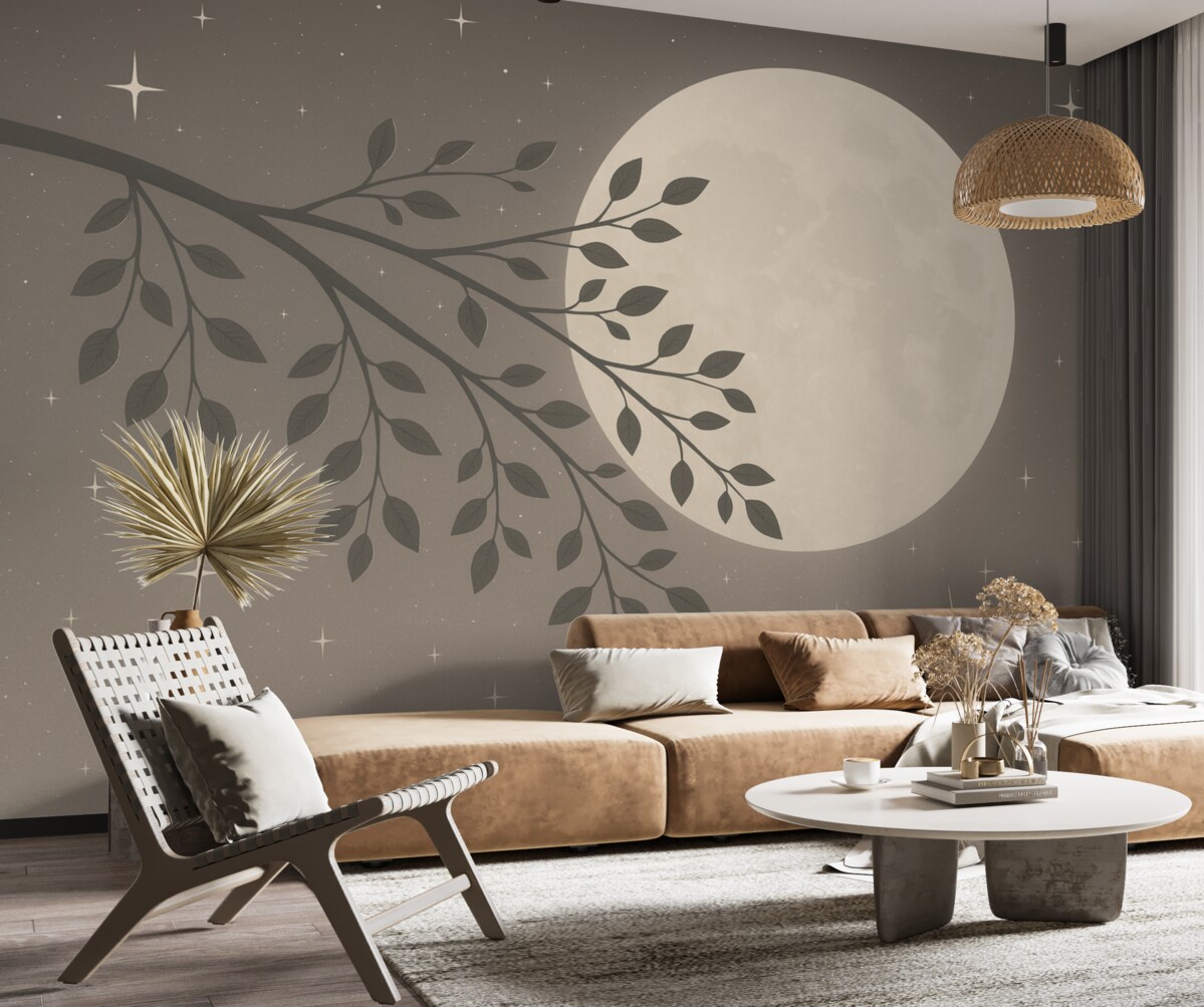 Fototapeta Abstrakcyjny motyw z gałęzią i gwiazdami w odcieniu beżu.