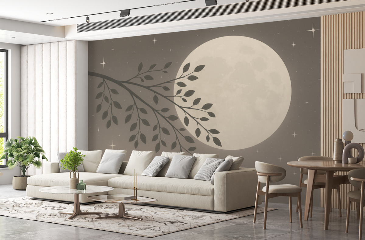 Fototapeta Abstrakcyjny motyw z gałęzią i gwiazdami w odcieniu beżu.