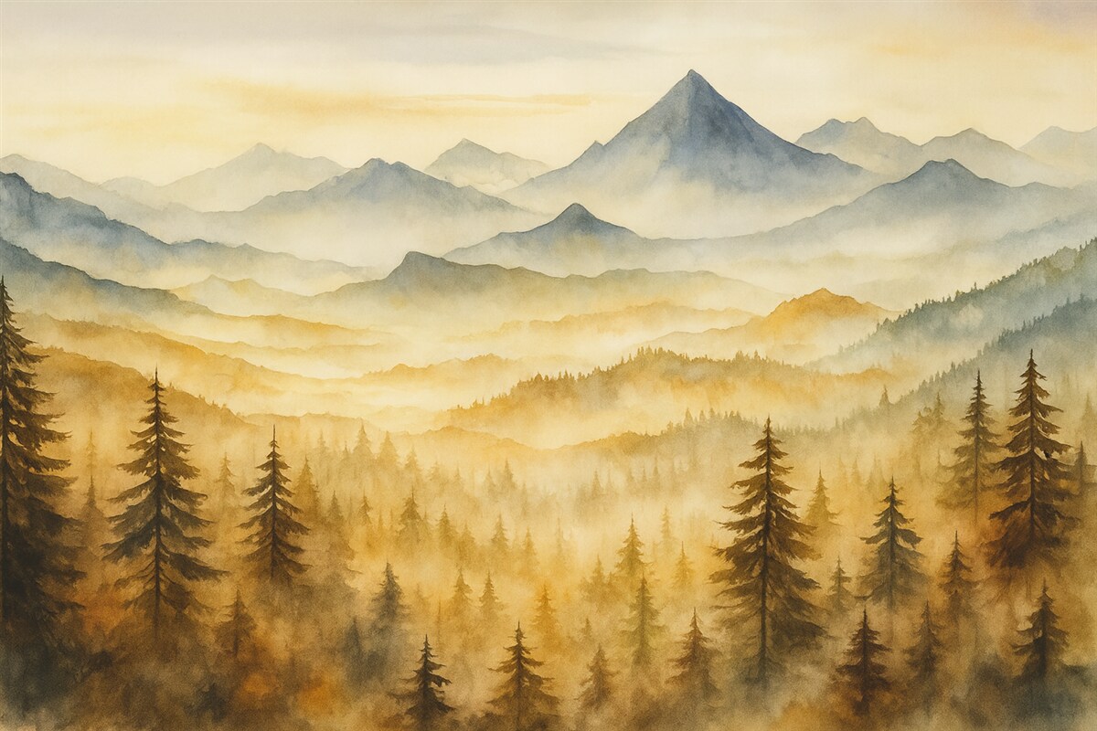 Fototapeta Akwarela gór z tle lasu, odcienie niebiesko-pomarańczowe.