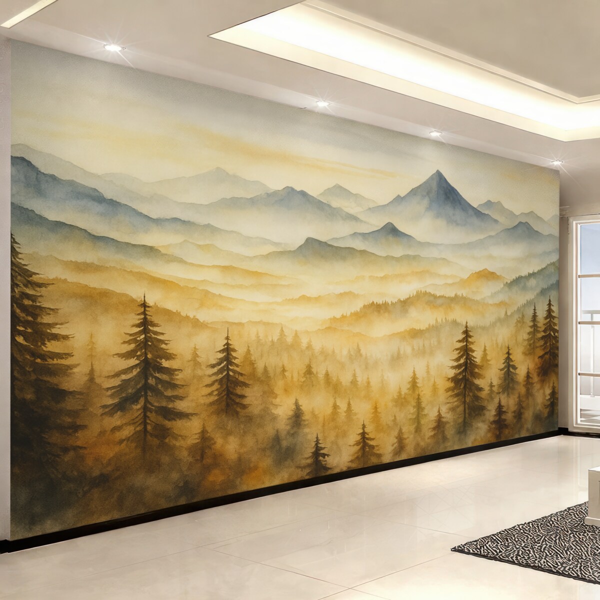 Fototapeta Akwarela gór z tle lasu, odcienie niebiesko-pomarańczowe.