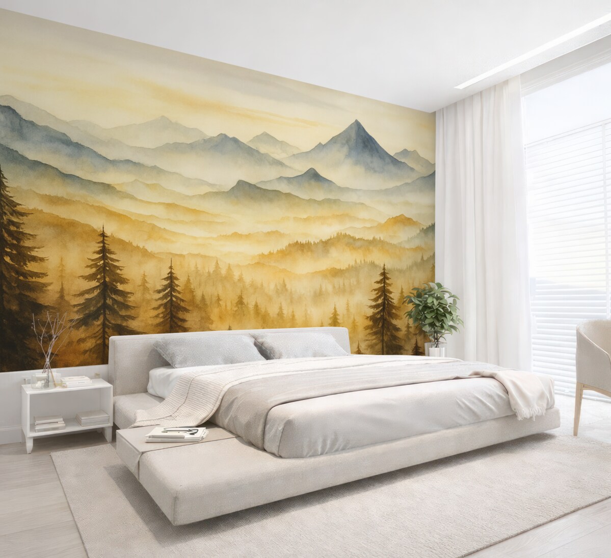 Fototapeta Akwarela gór z tle lasu, odcienie niebiesko-pomarańczowe.