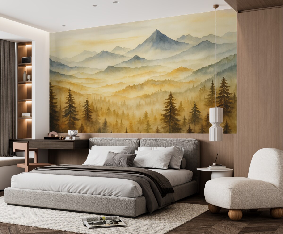 Fototapeta Akwarela gór z tle lasu, odcienie niebiesko-pomarańczowe.