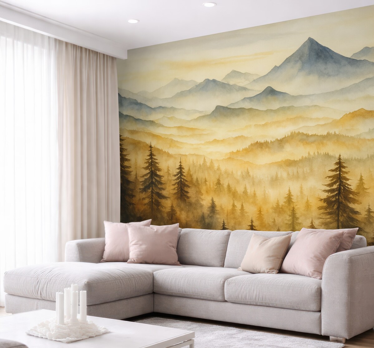 Fototapeta Akwarela gór z tle lasu, odcienie niebiesko-pomarańczowe.