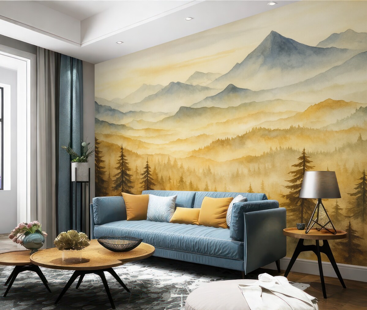 Fototapeta Akwarela gór z tle lasu, odcienie niebiesko-pomarańczowe.