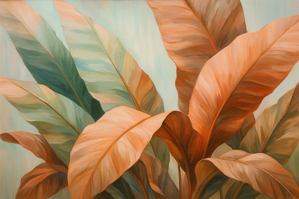 Fototapeta Obraz olejny z wielkimi liśćmi palmowymi w odcieniach różu.