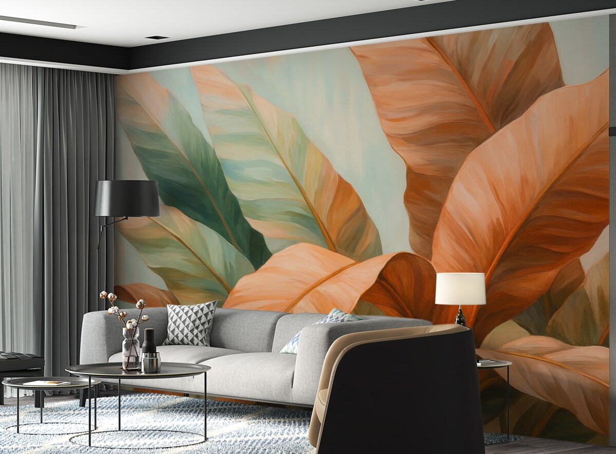 Fototapeta Obraz olejny z wielkimi liśćmi palmowymi w odcieniach różu.