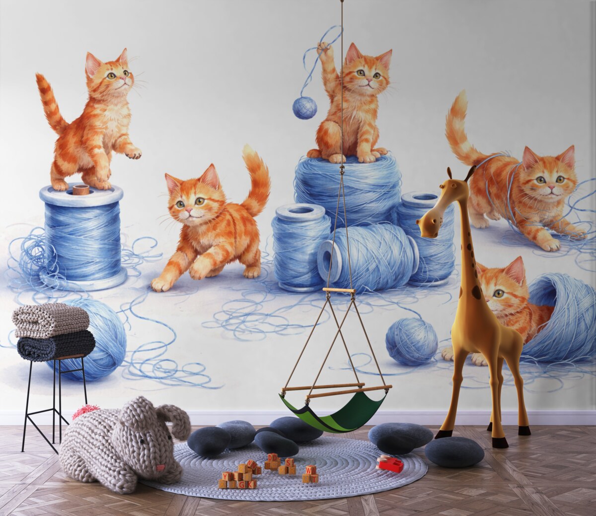 Fototapeta Czerwone kotki bawią się farbami z niebieskimi niteczkami.