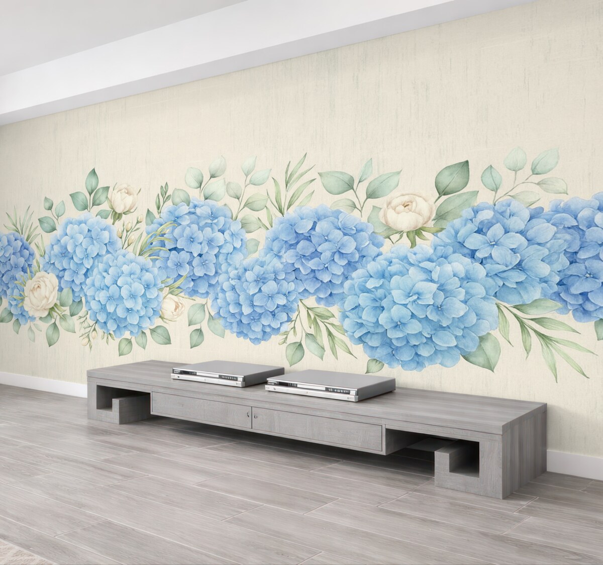 Fototapeta Niebieskie hortensje na stonowanym tle, subtelne niebieskie kwiaty.