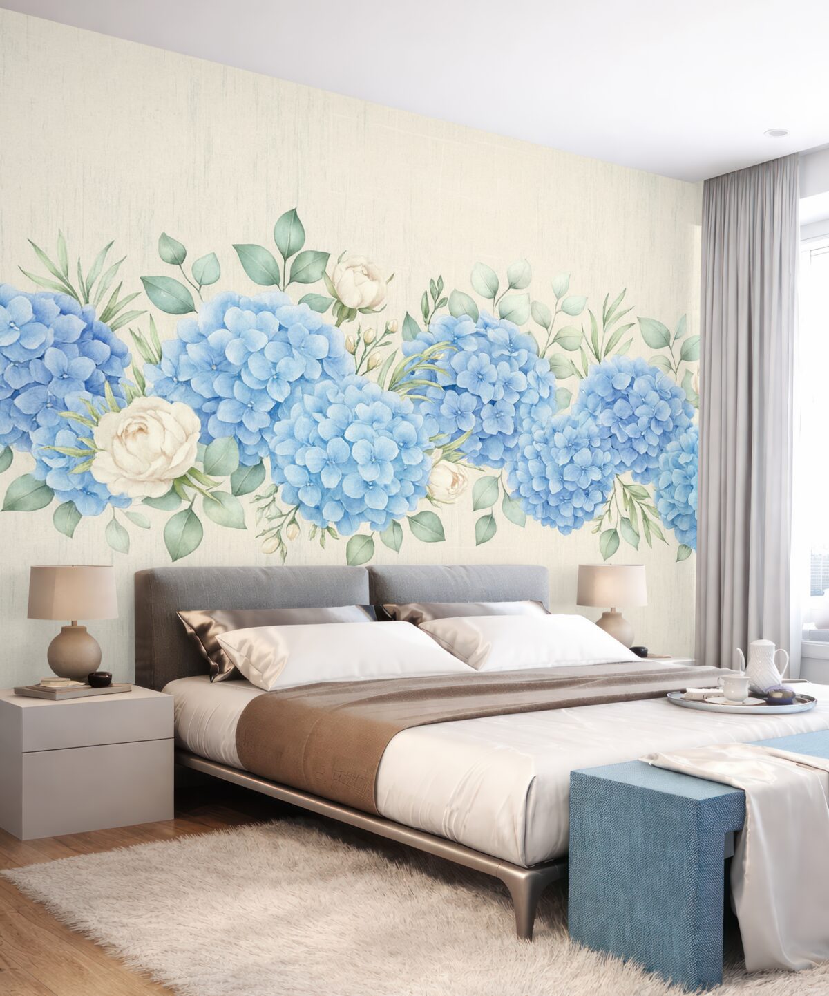 Fototapeta Niebieskie hortensje na stonowanym tle, subtelne niebieskie kwiaty.