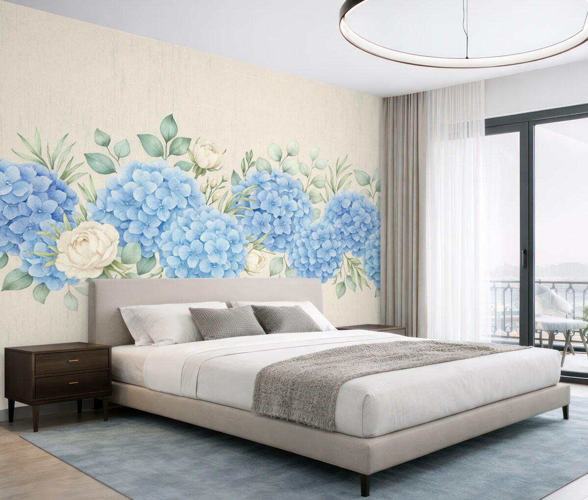 Fototapeta Niebieskie hortensje na stonowanym tle, subtelne niebieskie kwiaty.