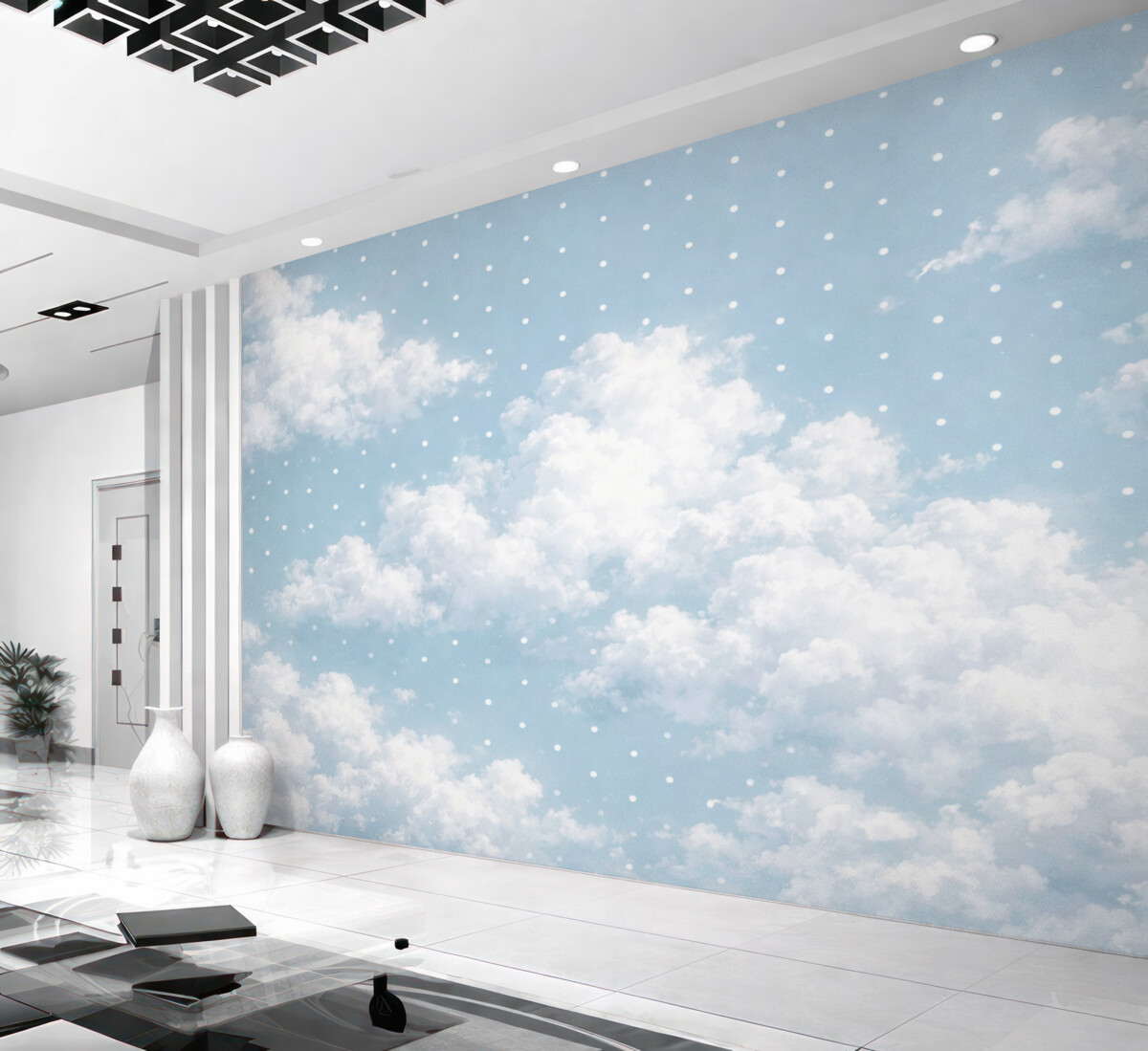 Fototapeta Chmury w skandynawskim stylu minimalistycznym w odcieniu niebieskim.