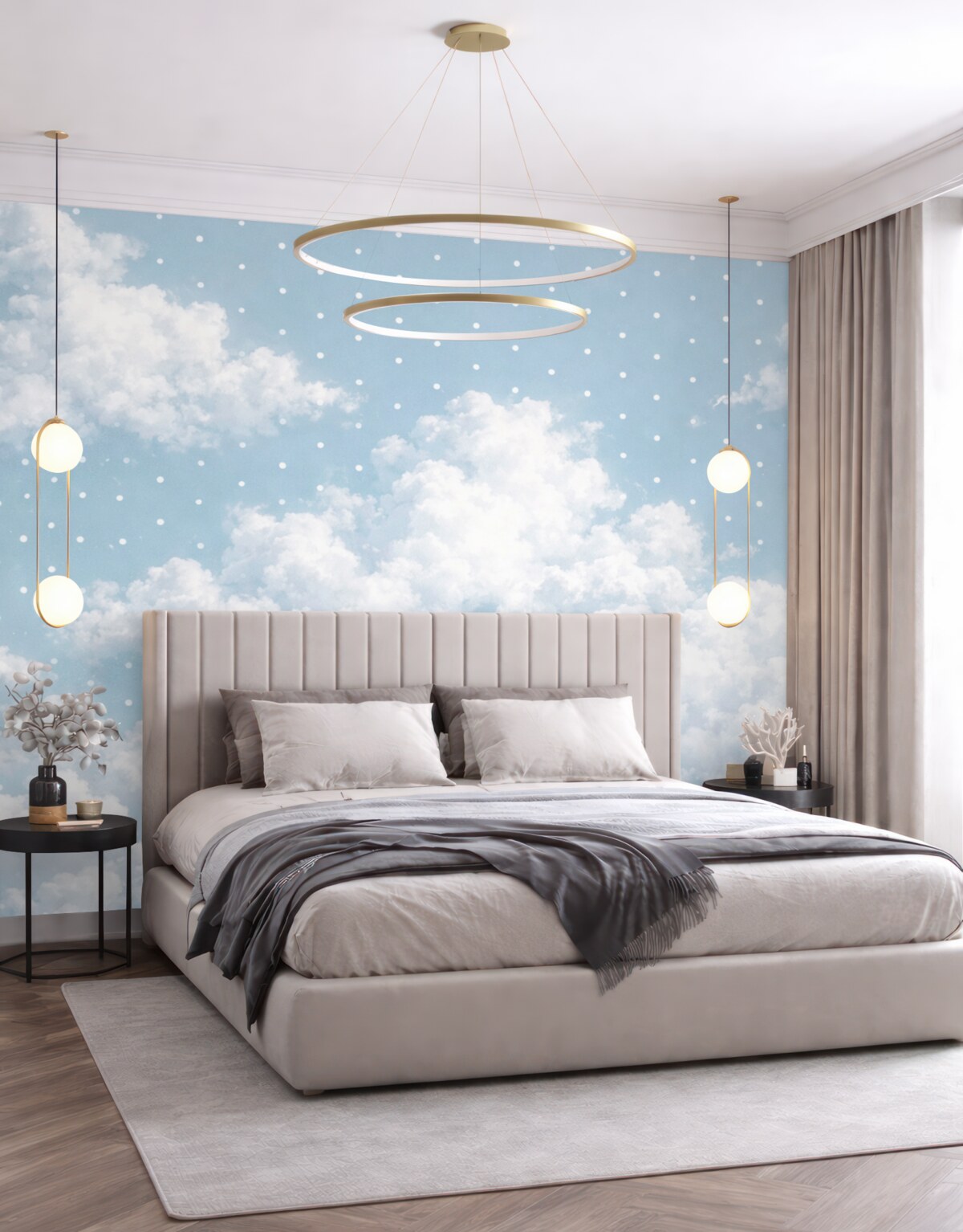 Fototapeta Chmury w skandynawskim stylu minimalistycznym w odcieniu niebieskim.