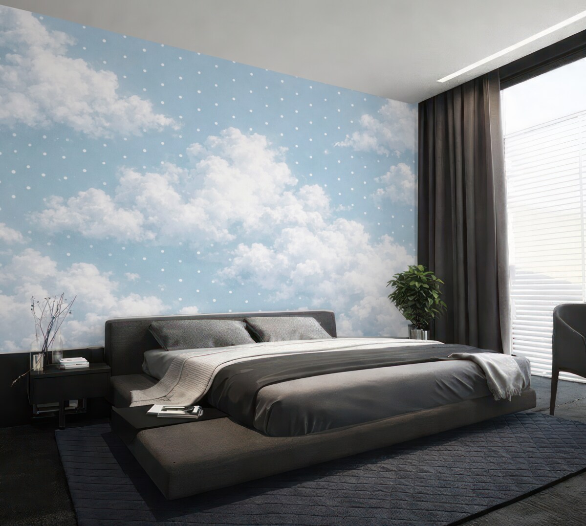 Fototapeta Chmury w skandynawskim stylu minimalistycznym w odcieniu niebieskim.