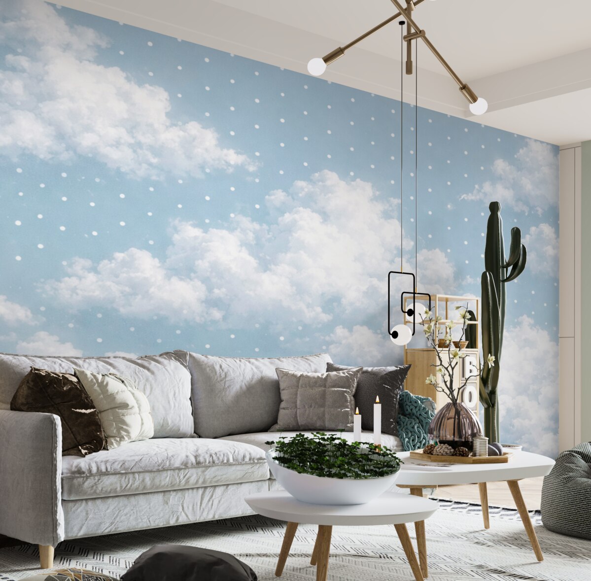 Fototapeta Chmury w skandynawskim stylu minimalistycznym w odcieniu niebieskim.