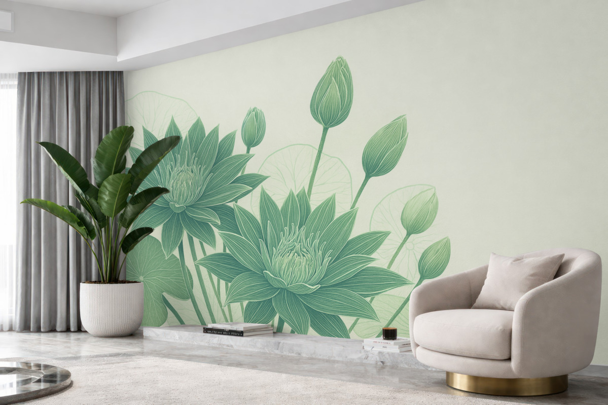 Fototapeta zielone lilie wodne na jasnym tle