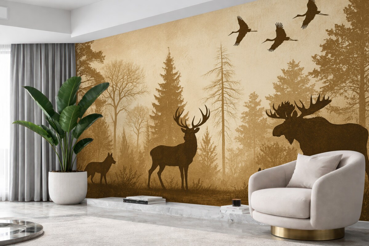 Fototapeta postacie drzew i zwierząt w odcieniu brązowym