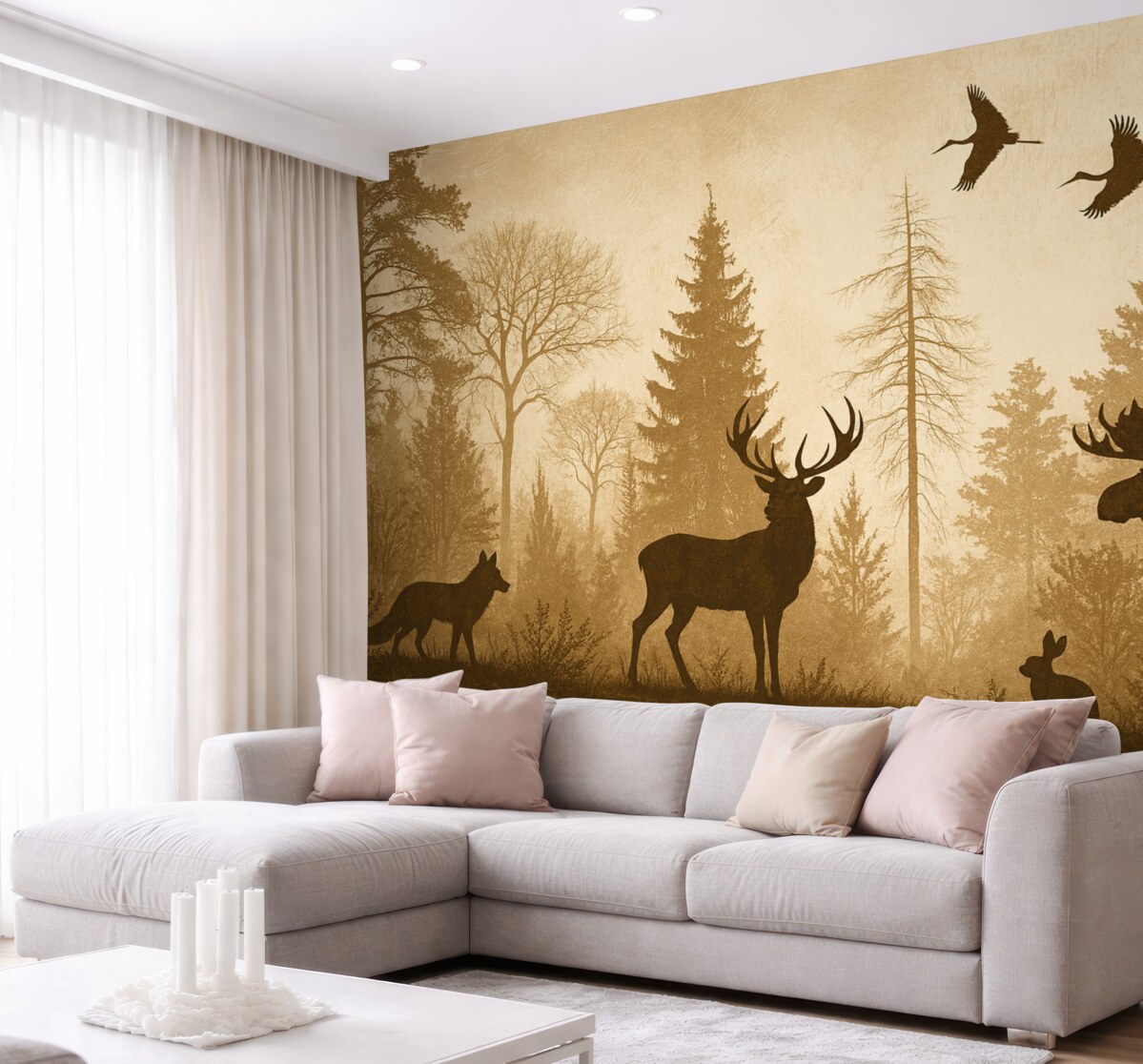 Fototapeta postacie drzew i zwierząt w odcieniu brązowym