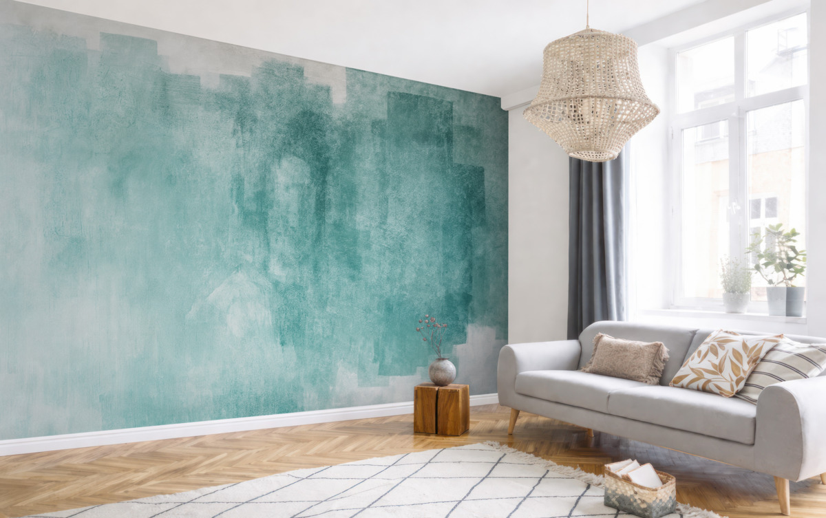 Fototapeta pociągnięcia tekstury wodnych farb, turkusowa abstrakcja, turkusowa abstrakcja