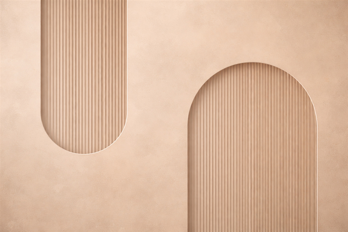Fototapeta Tapeta o strukturze w stylu Art Deco w ciepłych tonach beżu. Naśladowanie łuków trójwymiarowych.
