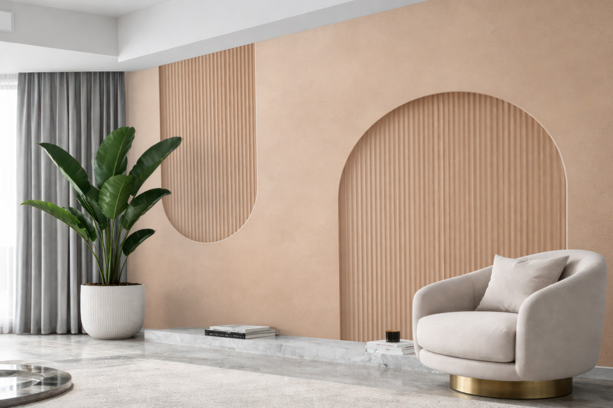 Fototapeta Tapeta o strukturze w stylu Art Deco w ciepłych tonach beżu. Naśladowanie łuków trójwymiarowych.