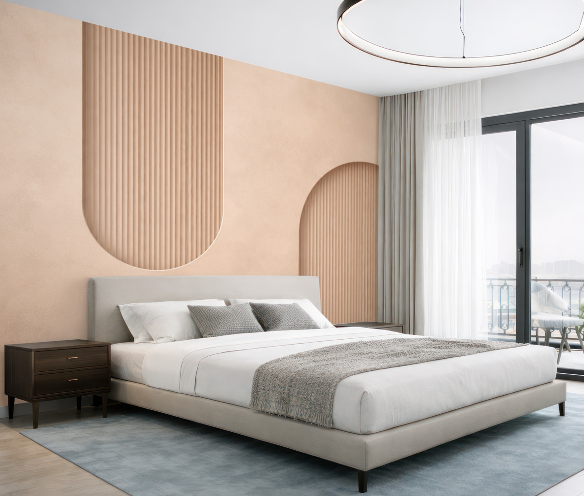 Fototapeta Tapeta o strukturze w stylu Art Deco w ciepłych tonach beżu. Naśladowanie łuków trójwymiarowych.