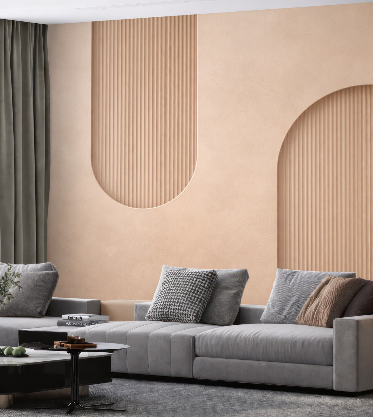 Fototapeta Tapeta o strukturze w stylu Art Deco w ciepłych tonach beżu. Naśladowanie łuków trójwymiarowych.