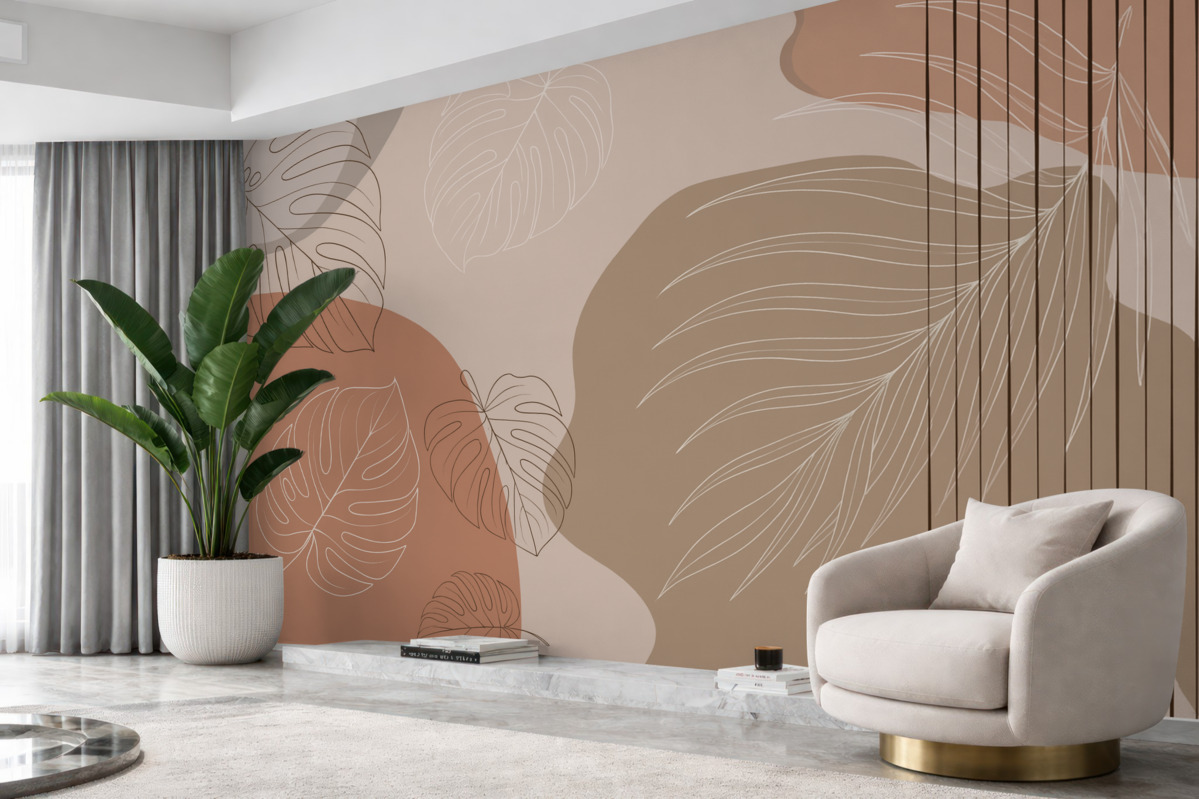 Fototapeta Abstrakcyjny wzór z liśćmi oraz liniami monstera.