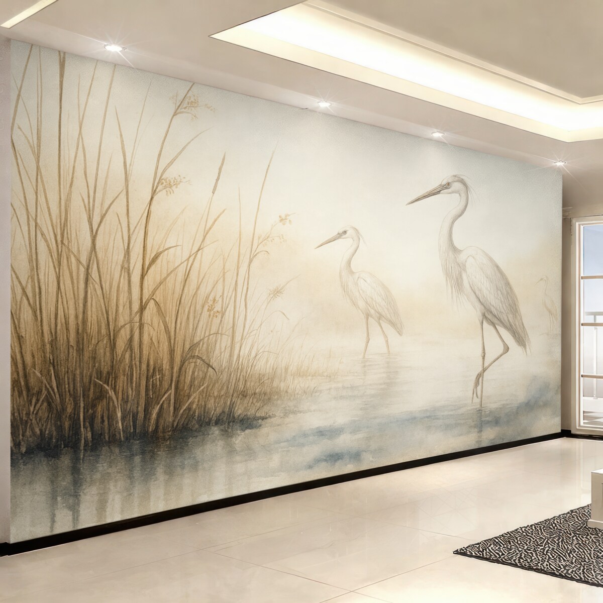 Fototapeta Wodny malunek trzcin oraz czapli.