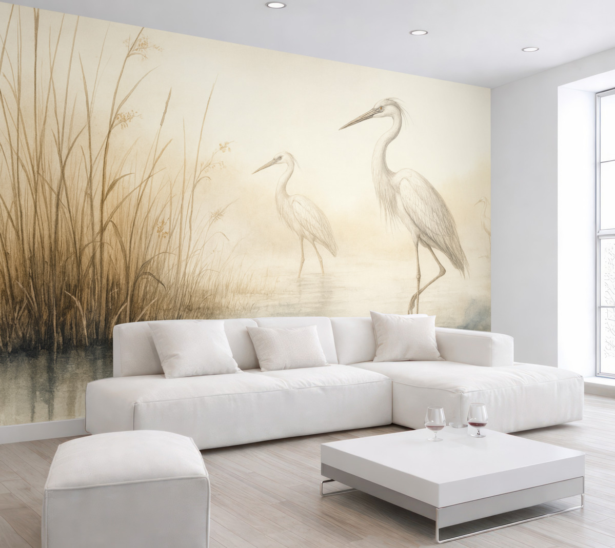 Fototapeta Wodny malunek trzcin oraz czapli.