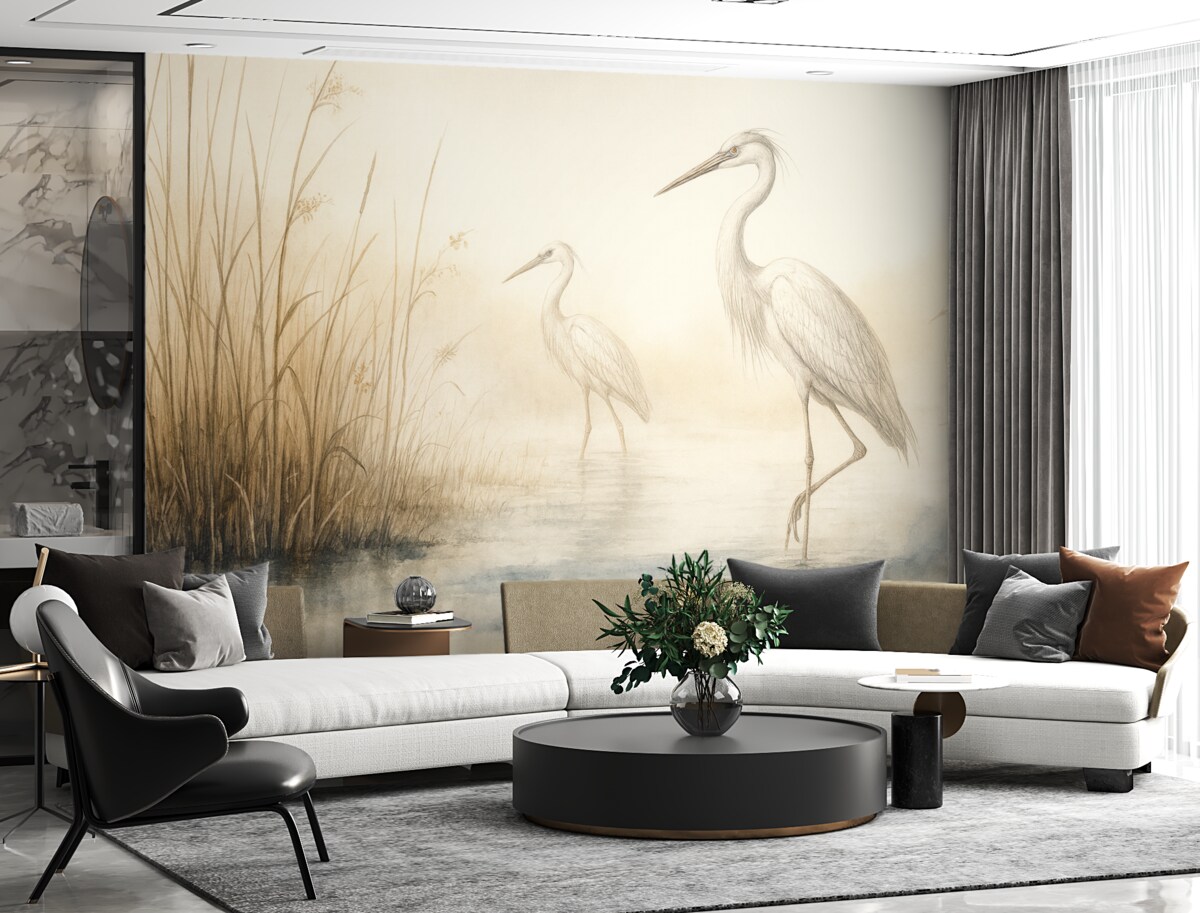 Fototapeta Wodny malunek trzcin oraz czapli.