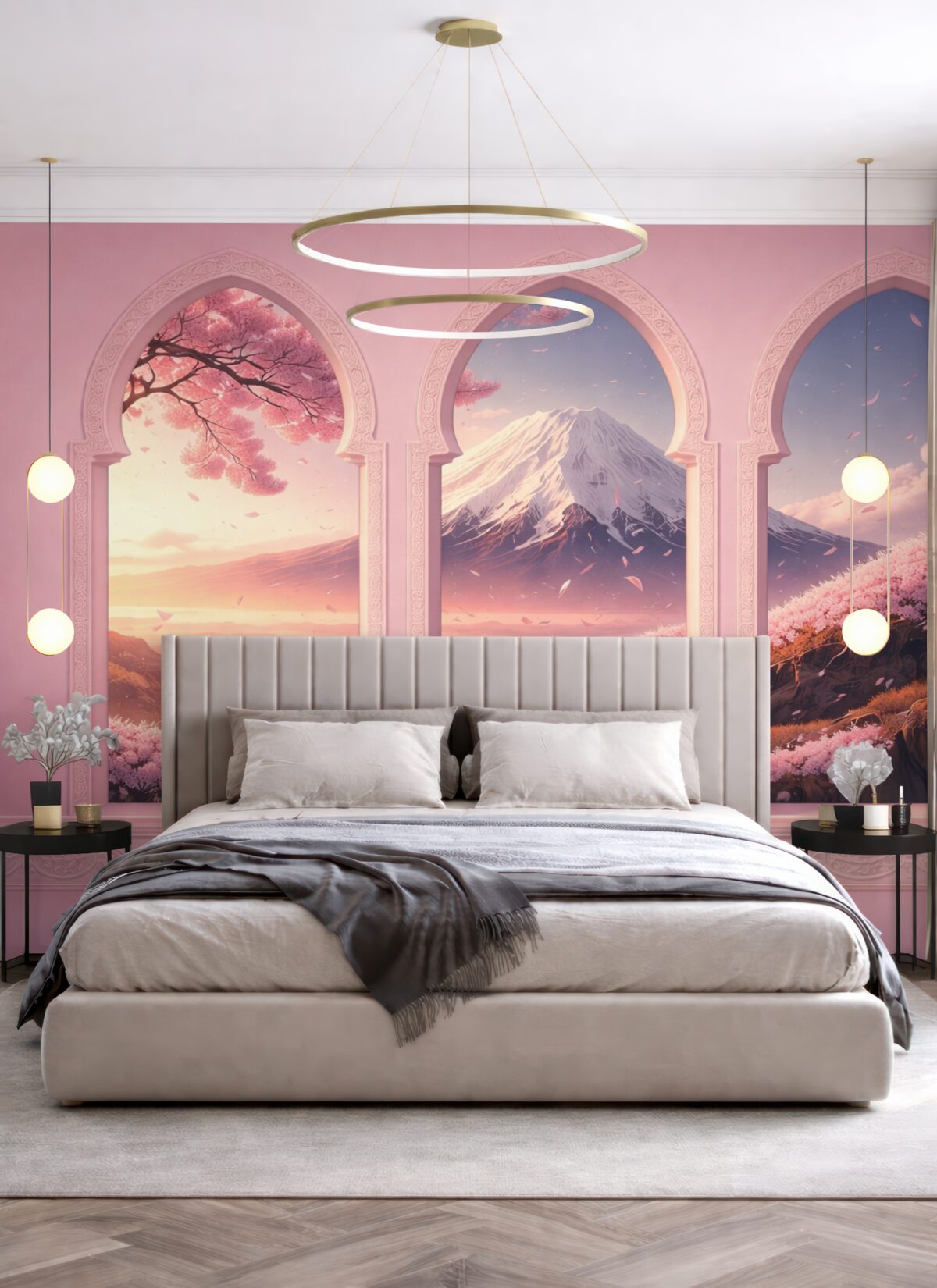 Fototapeta Rozległe okna w orientalnym stylu z zachwycającym widokiem na górę Fuji w subtelnym brzoskwiniowym odcieniu.