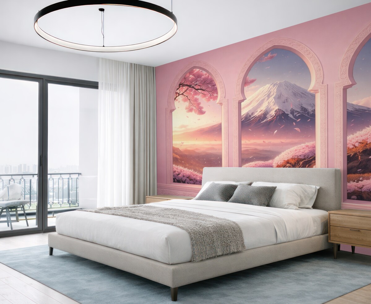 Fototapeta Rozległe okna w orientalnym stylu z zachwycającym widokiem na górę Fuji w subtelnym brzoskwiniowym odcieniu.
