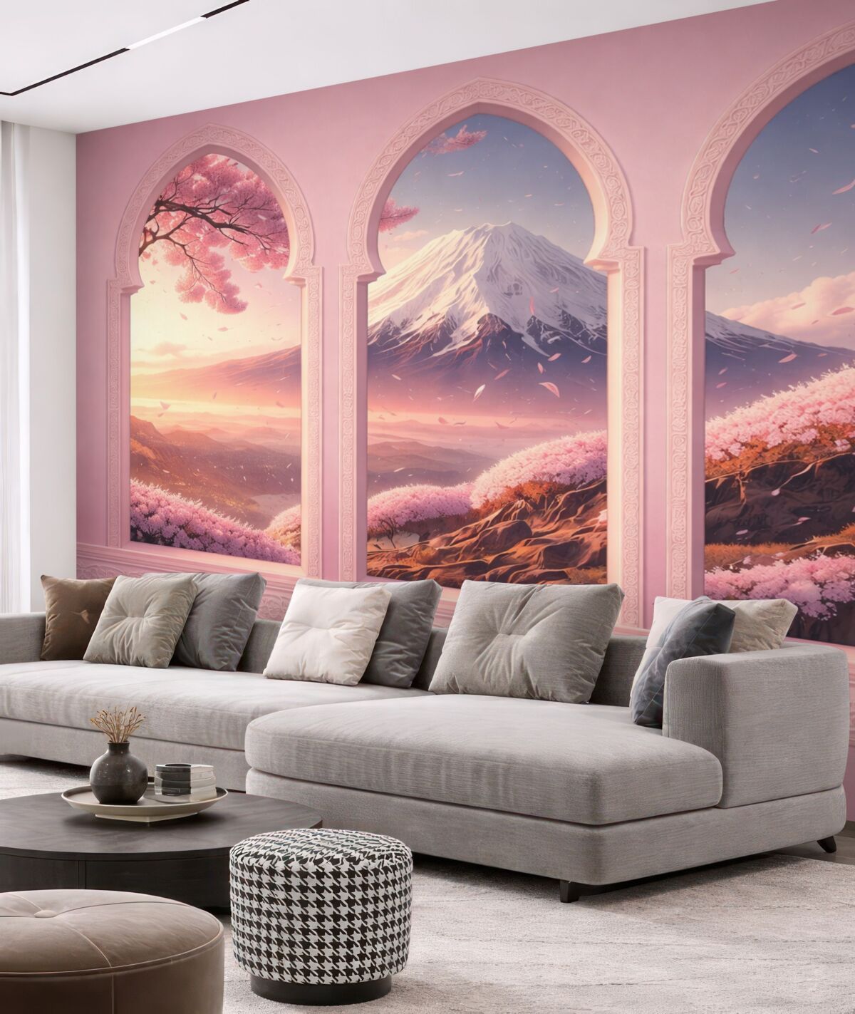 Fototapeta Rozległe okna w orientalnym stylu z zachwycającym widokiem na górę Fuji w subtelnym brzoskwiniowym odcieniu.