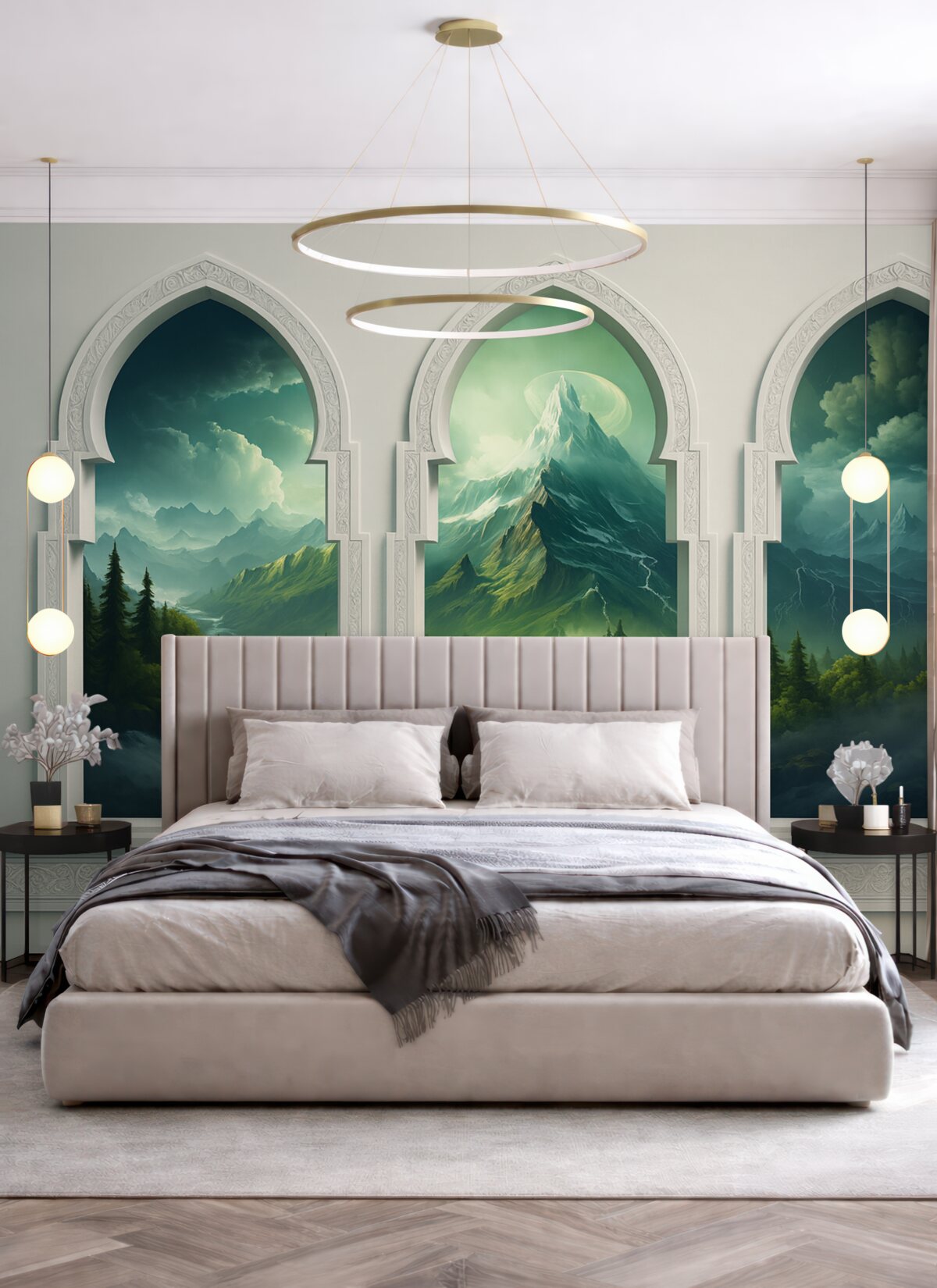 Fototapeta Rozległe okna w orientalnym stylu z imponującym widokiem na zielony, tajemniczy pejzaż z górami i chmurami.