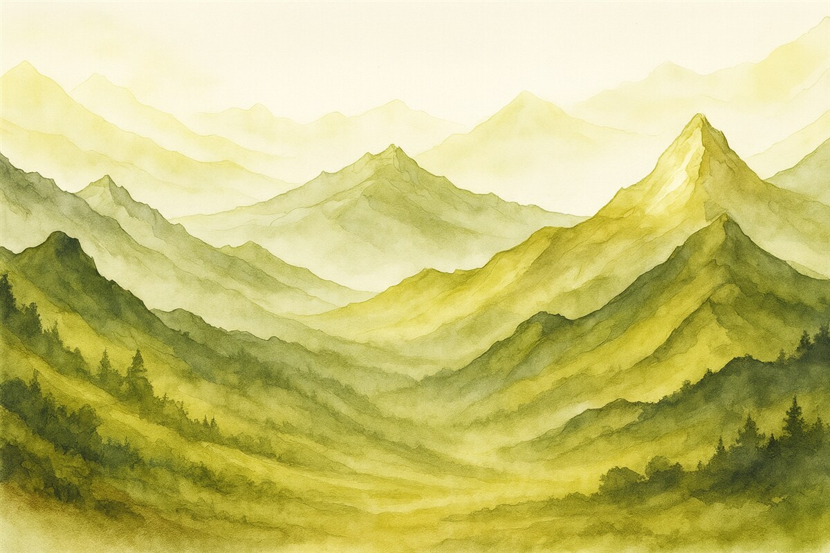 Fototapeta Zielone łańcuchy górskie, wilgotna akwarela.