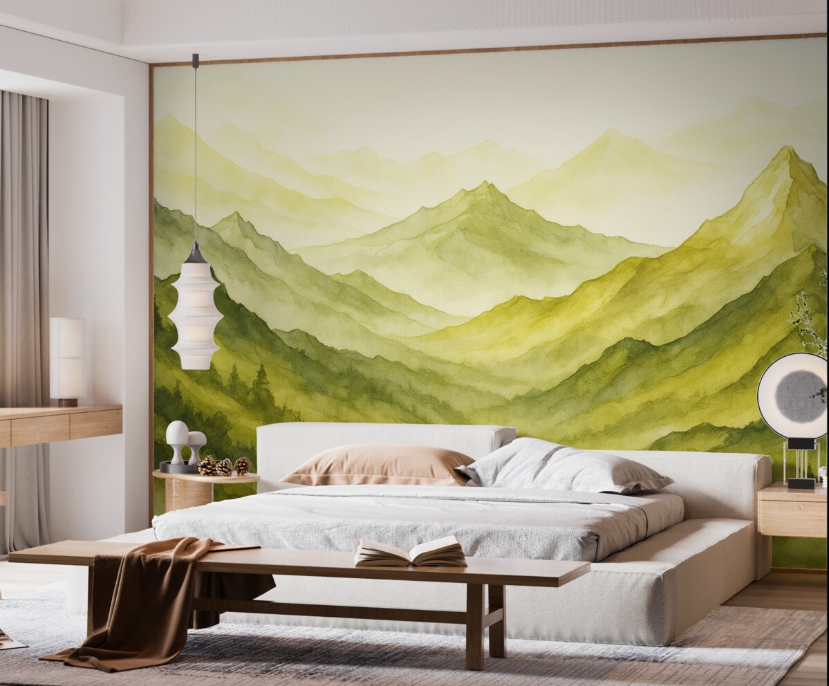 Fototapeta Zielone łańcuchy górskie, wilgotna akwarela.