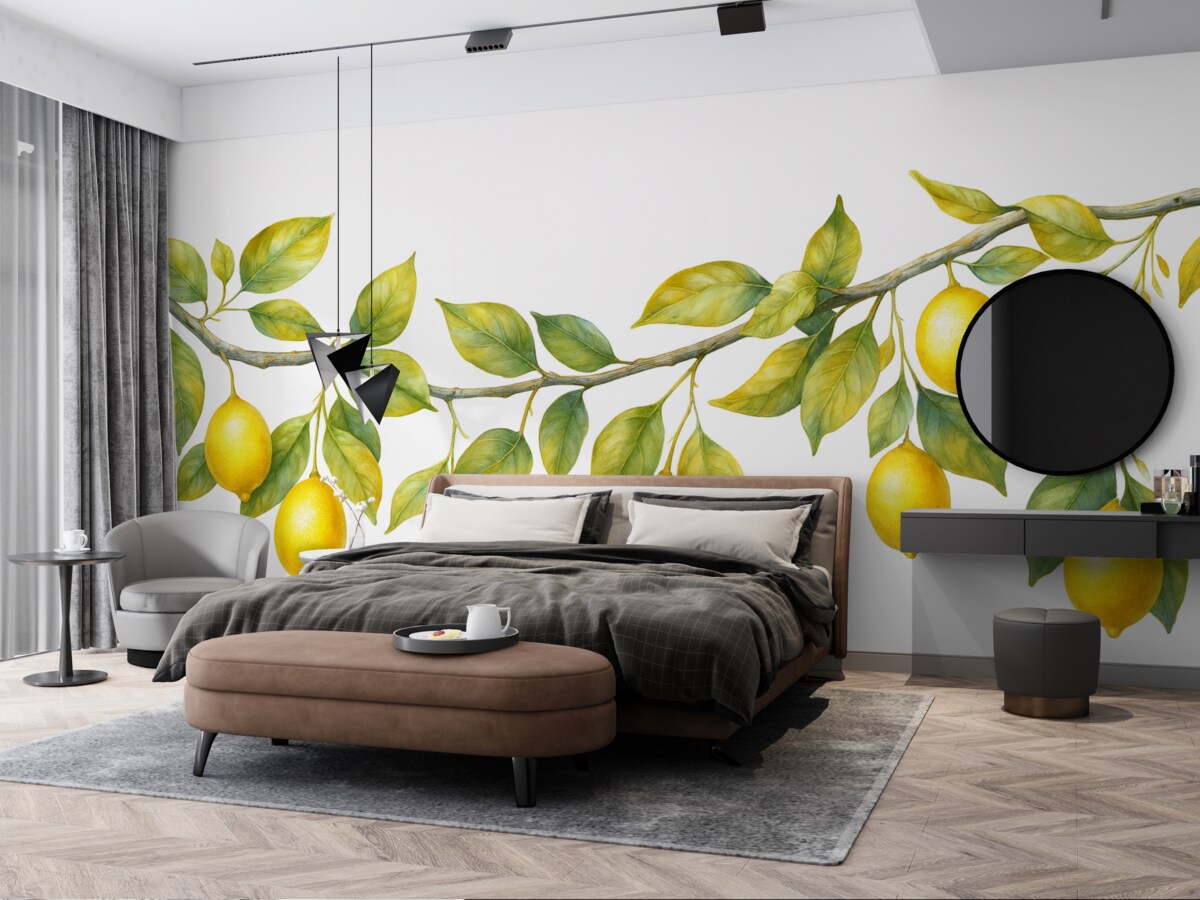 Fototapeta Styl retro z liśćmi i owocami w akwareli cytrynowej.