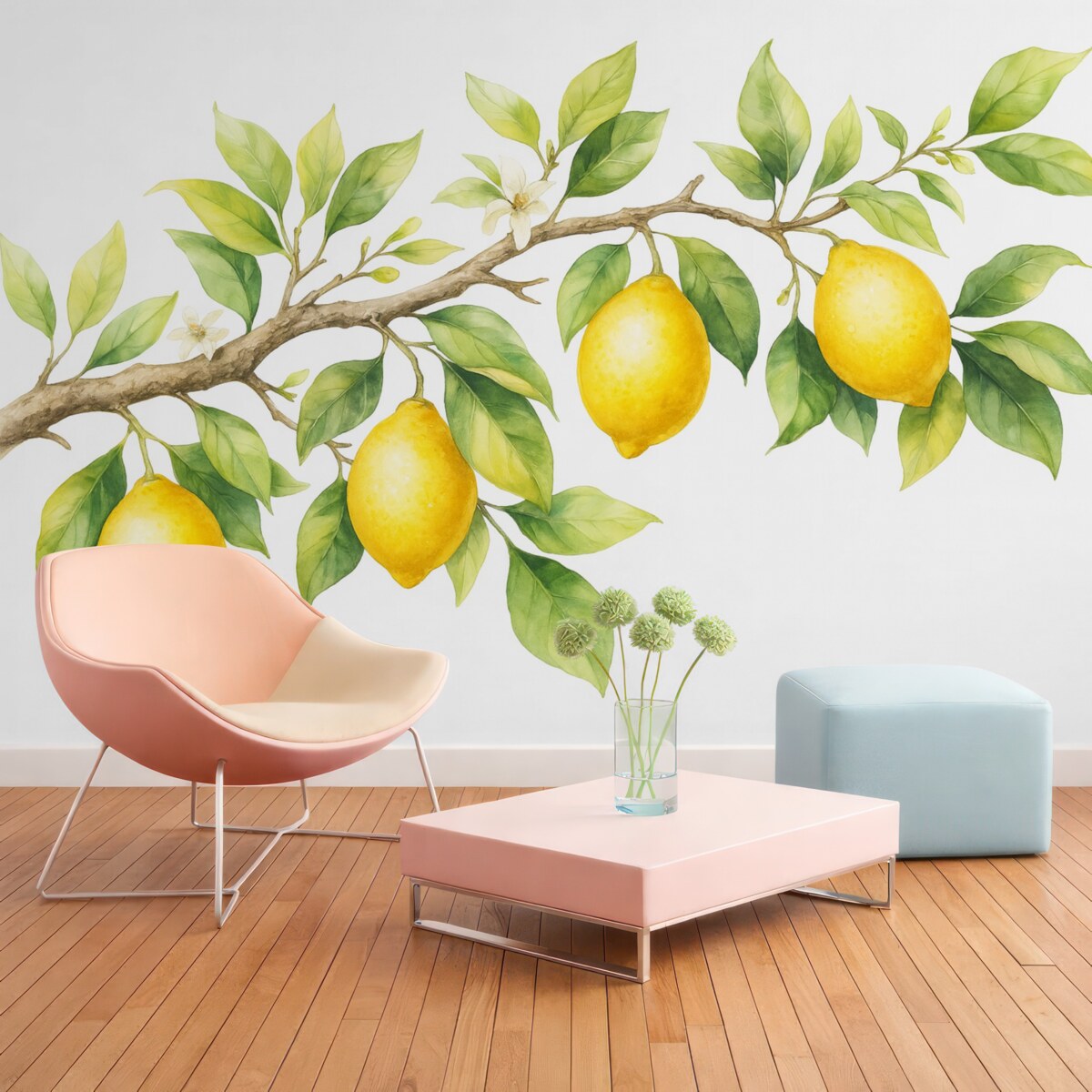 Fototapeta Gałązka akwarelowa z listkami cytryny i owocami.