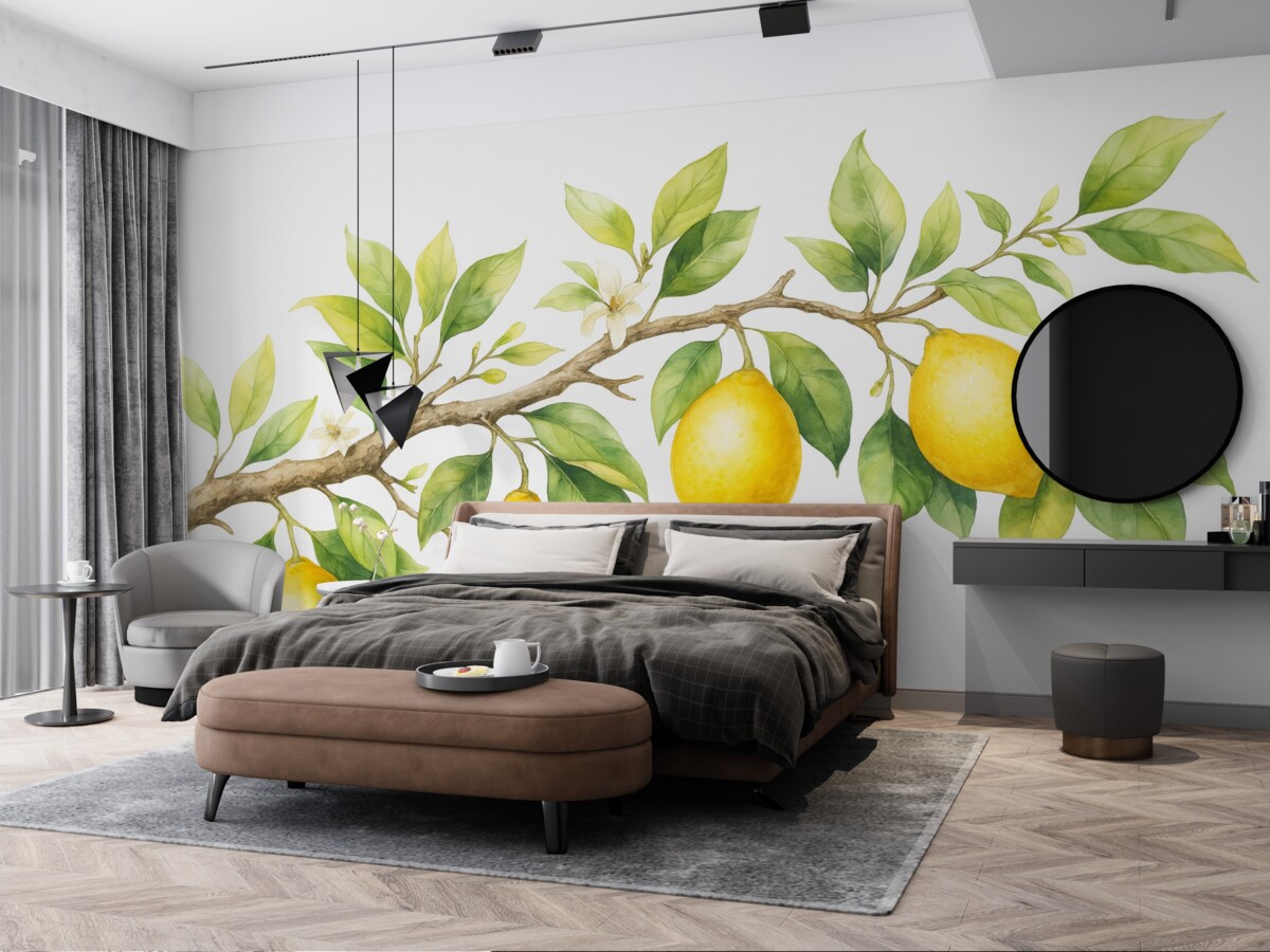 Fototapeta Gałązka akwarelowa z listkami cytryny i owocami.