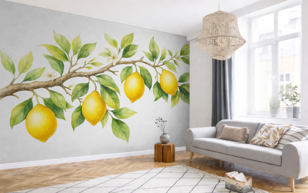 Fototapeta Gałązka akwarelowa z listkami cytryny i owocami.